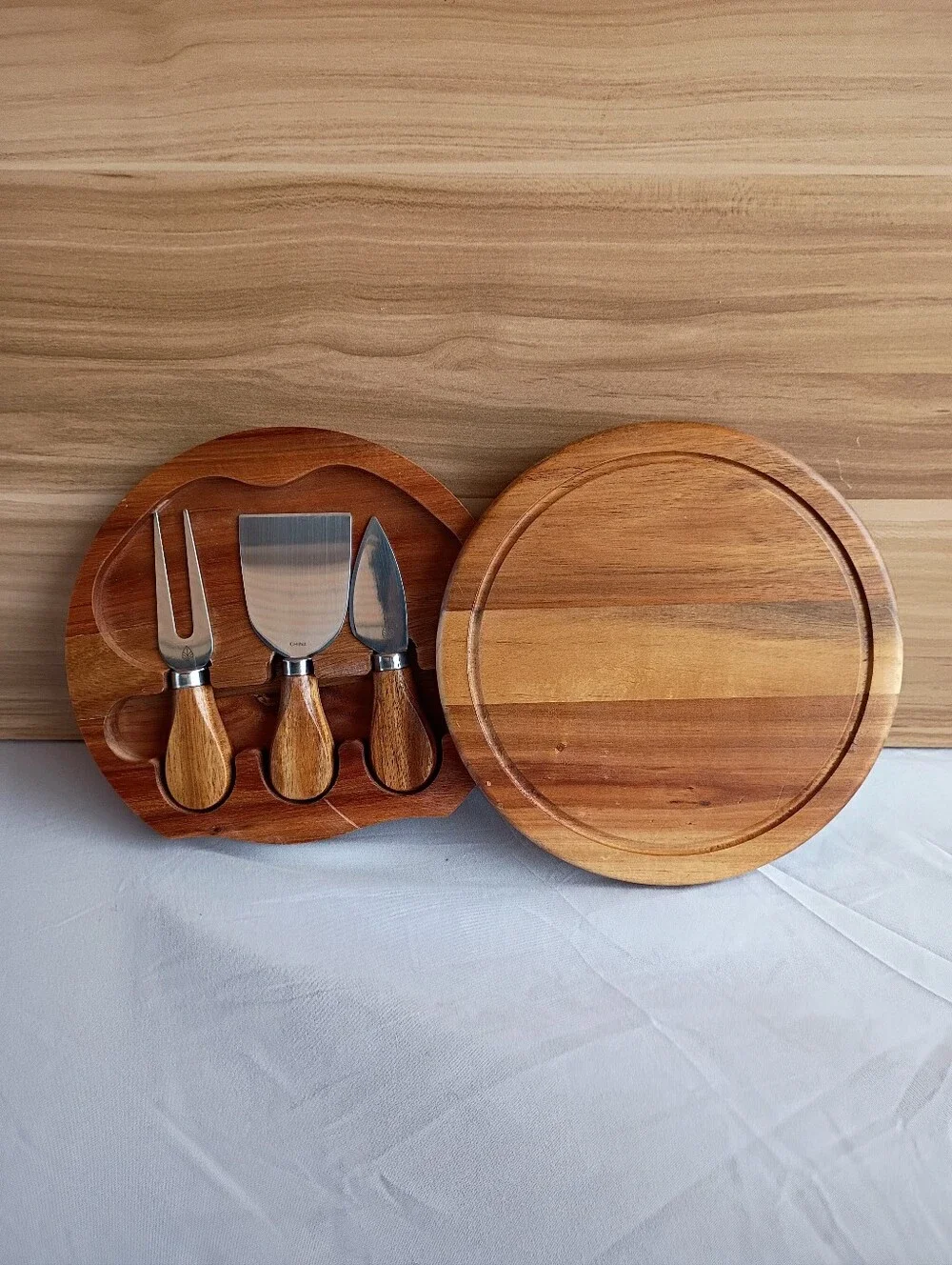 Wooden Round Cheese Board Set with Knife Trio - Natural Brown